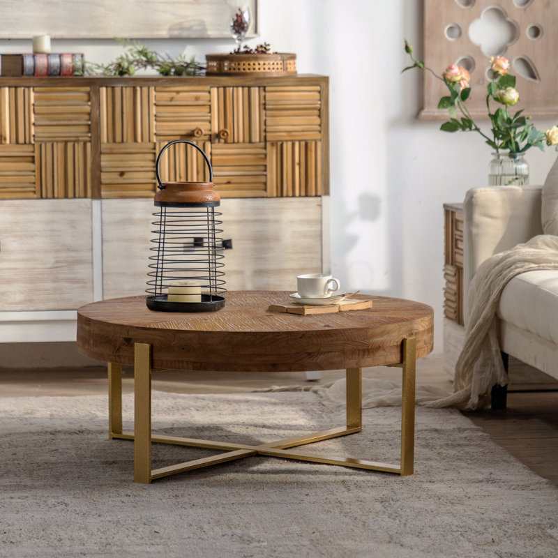 Table basse ronde en bois 31,29 po avec pieds en croix dorée, Doré