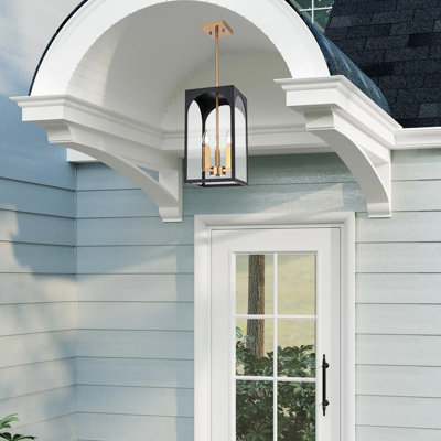 Farmhouse Outdoor Pendant Light, 3-Light Black And Brass Lantern Chandelier Ceiling Light Fixture Adjustable Height Hanging Lighting With Clear Glass For Porch, Kitchen Island, Dining Room, Entryway