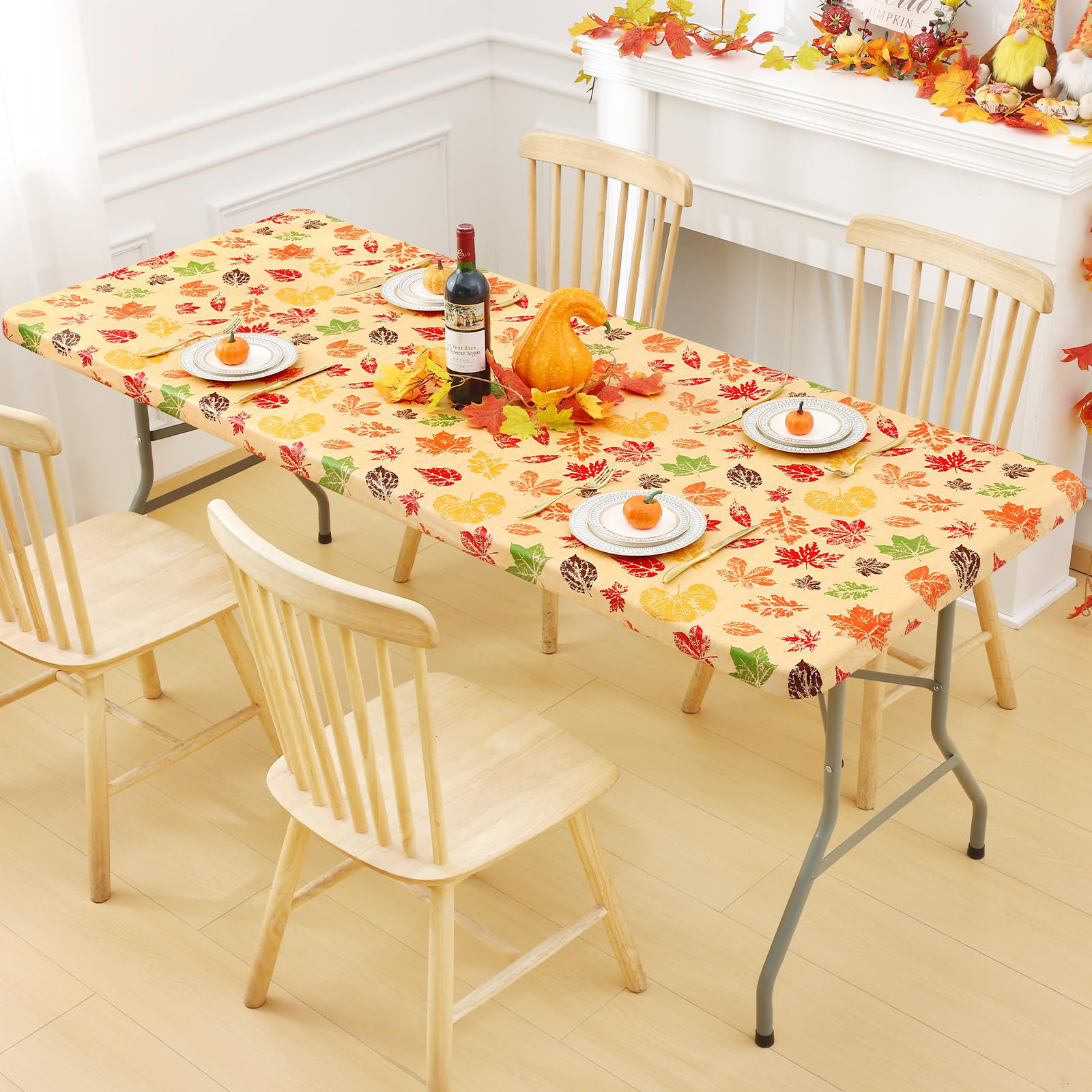 Lark Manor™ Tablecloth, Fall Leaves Waterproof Elastic Fitted Table ...