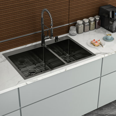 33"X22" 16 Gauge Gunmetal Black Double Bowl Drop In Sink 60/40 Configuration, 10" Deep Basins, - Made, Rear Drain, X Grooves For Quick Water Removal, Sound Dampening, Condensation, Comes With Drying