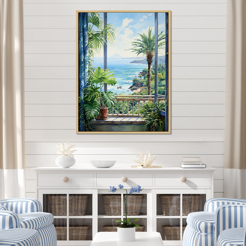 «Tropical Windows To The Beach II - Coastal Windows», art mural, Cadre flottant brun, H 40 po x l 30 po x P 1,5 po
