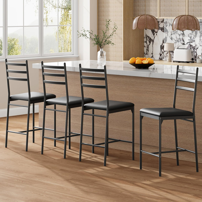 Bar Stools Set, Faux Leather Bar Chair with Back, Thick Cushion, Upholstered Counter Height Bar Stools with Footrest for Kitchen Island, Counter Bar