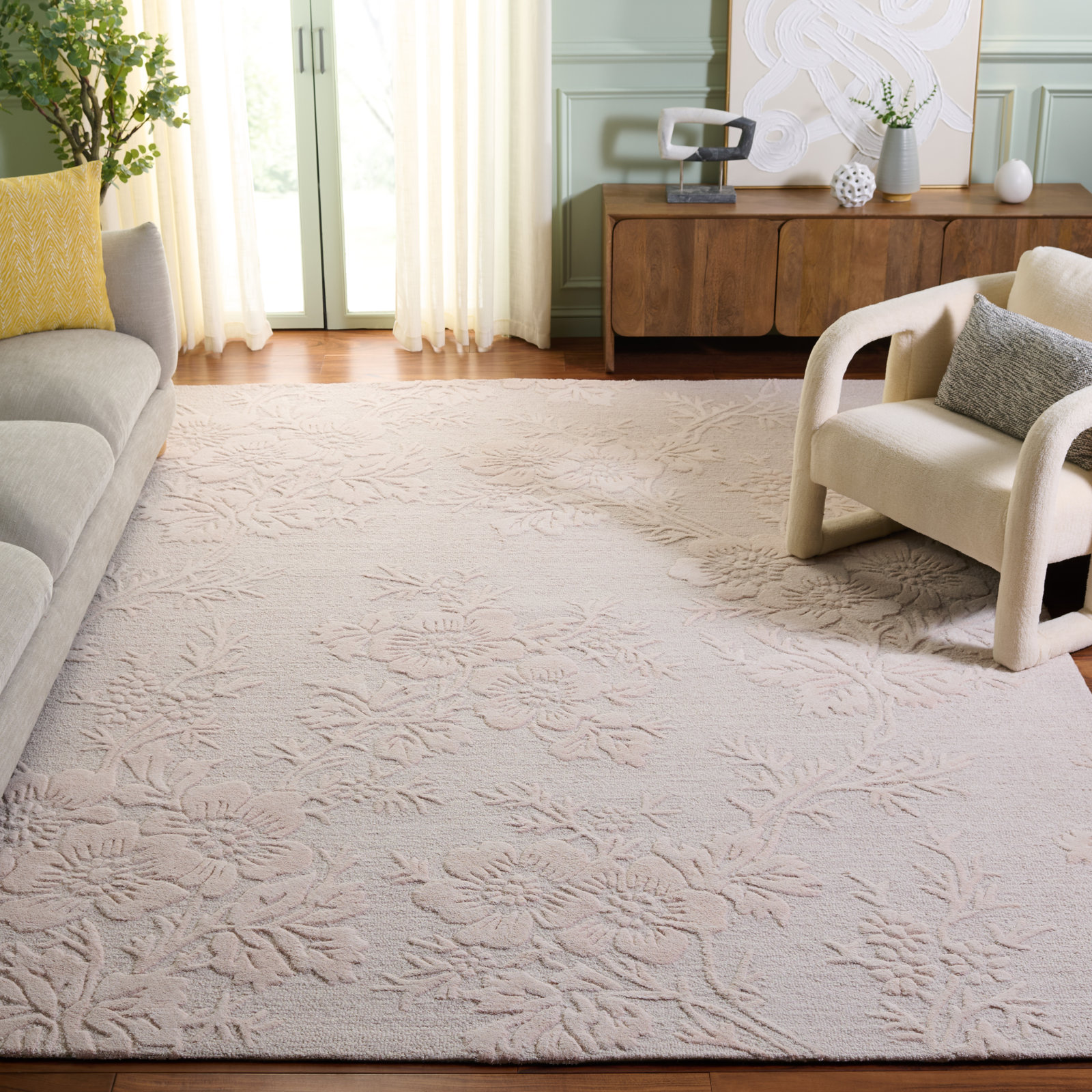 Light Pink Hand-Tufted Floral Wool Rug, Rectangle 8' x 10'