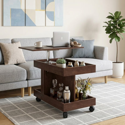Table d'appoint mobile à 360 ° avec compartiment de rangement, table basse roulante en noyer et roulettes verrouillables pour le salon et la chambre à coucher