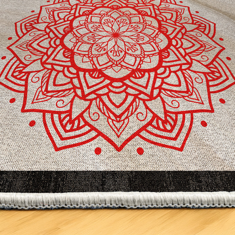 Qasida Collection Digital Print Cotton-Polyester Beige Red Moroccan Rug, Rectangle 5'3" x 8'3"