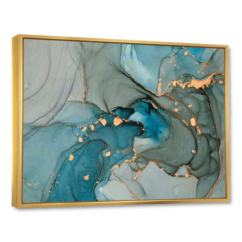 Turquoise doré infusé de marbre - reproduction sur toile, H 16 po x l 32 po, Cadre flottant, Doré