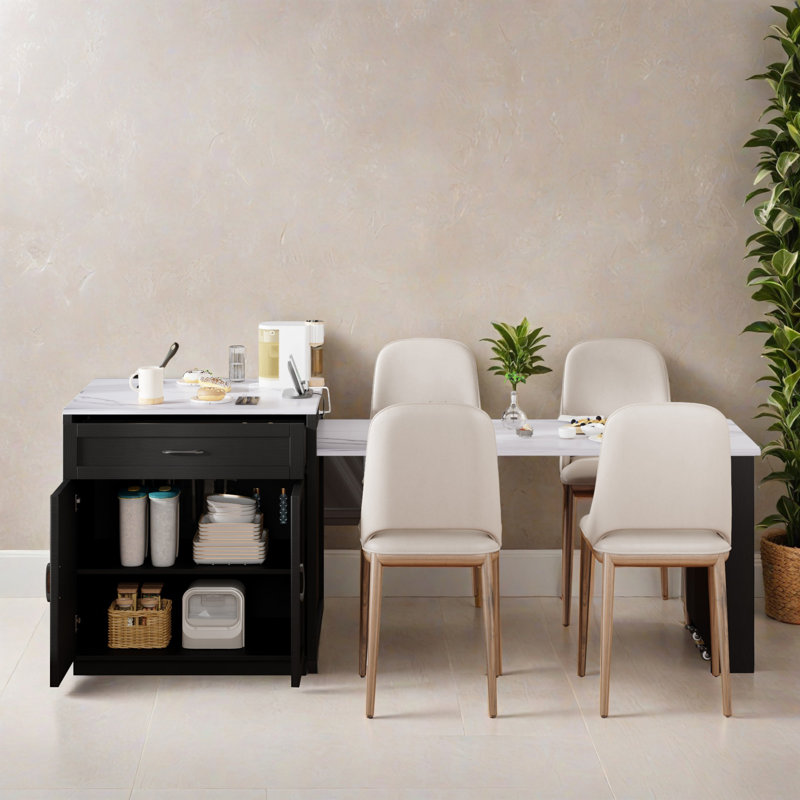 82.72" Kitchen Island with Extendable Dining Table for 4-6 Person, Faux Mable Kitchen Table with Power Outlet for Kitchen, Dining Room