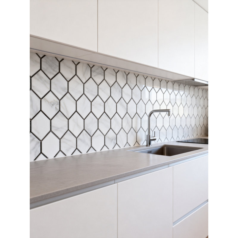 Tuscan Design 4" x 5" Glass Honeycomb Mosaic Wall Tile, White/Gray Veins