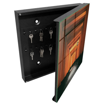 Wall mounted key box, Opens to the right, 30x30x5, White, Yellow gates creating a deep tunnel effect, 