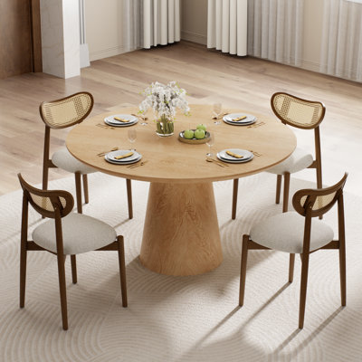 Ensemble de table de salle à manger ronde avec chaises en rotin et coussin en bois massif