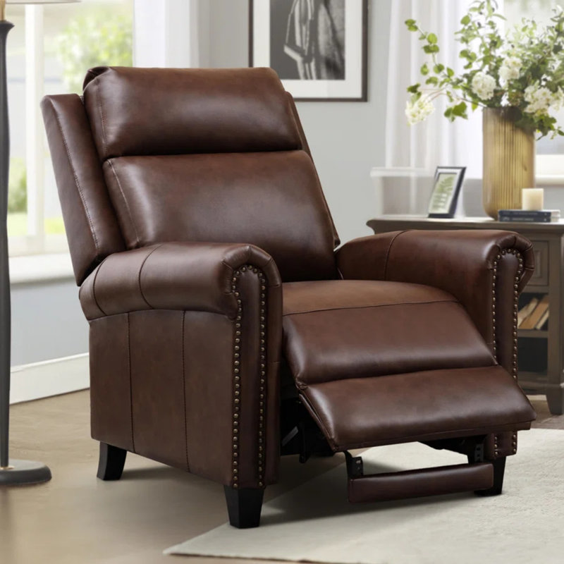 Ensemble de salon inclinable en cuir véritable 3 pièces Serlin avec fauteuil inclinable par pression, canapé inclinable manuel et causeuse avec console et porte-gobelets