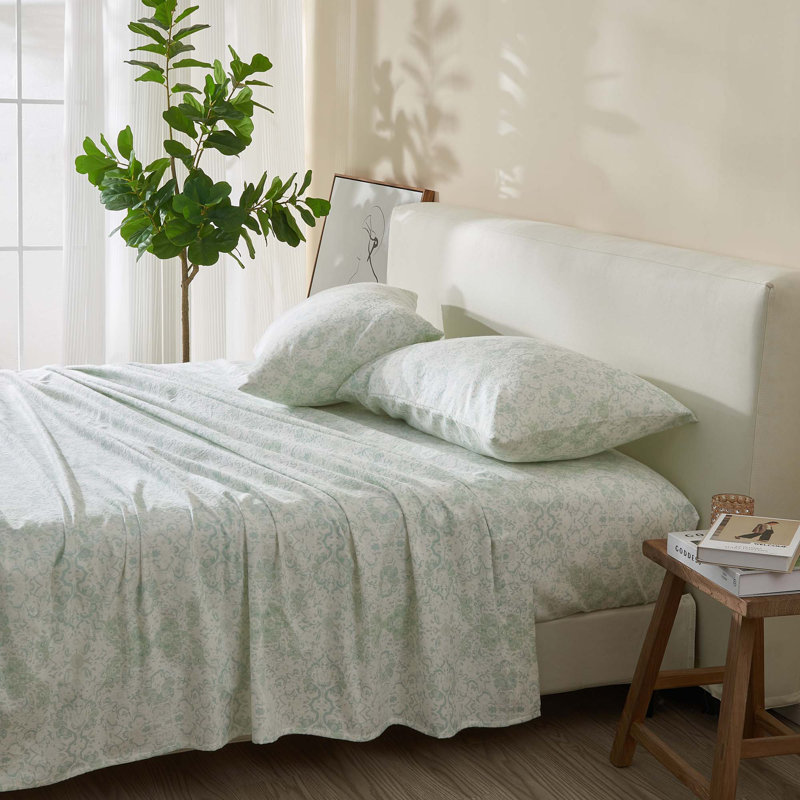 Ensemble de draps 100% coton, Ensemble de draps pour lit simple avec un drap-hou, Floral - turquoise
