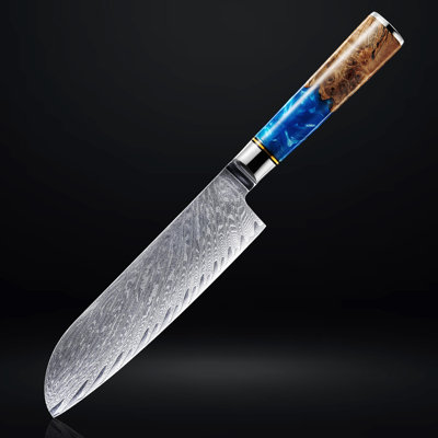 «Tsunami» Couteau japonais Santoku en acier Damas de 7 po avec poignée en bois de résine bleu