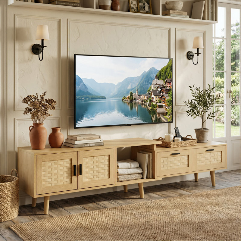 146-180CM Extendable Rattan Effect TV Stand With Solid Wood Legs, Adjustable Width Media Console With 2 Doors & 2 Drawers (Fits Up To 75" TV)