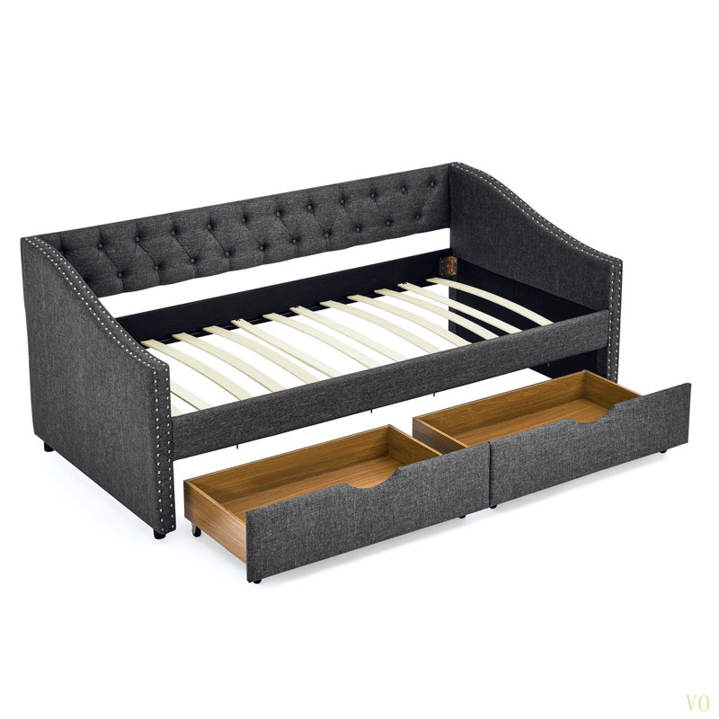 Lit de jour simple avec tiroirs, canapé-lit capitonné, avec bouton sur le dos et clou en cuivre sur les accoudoirs ondulés (81,5 po x 4 po x 30,5 po)