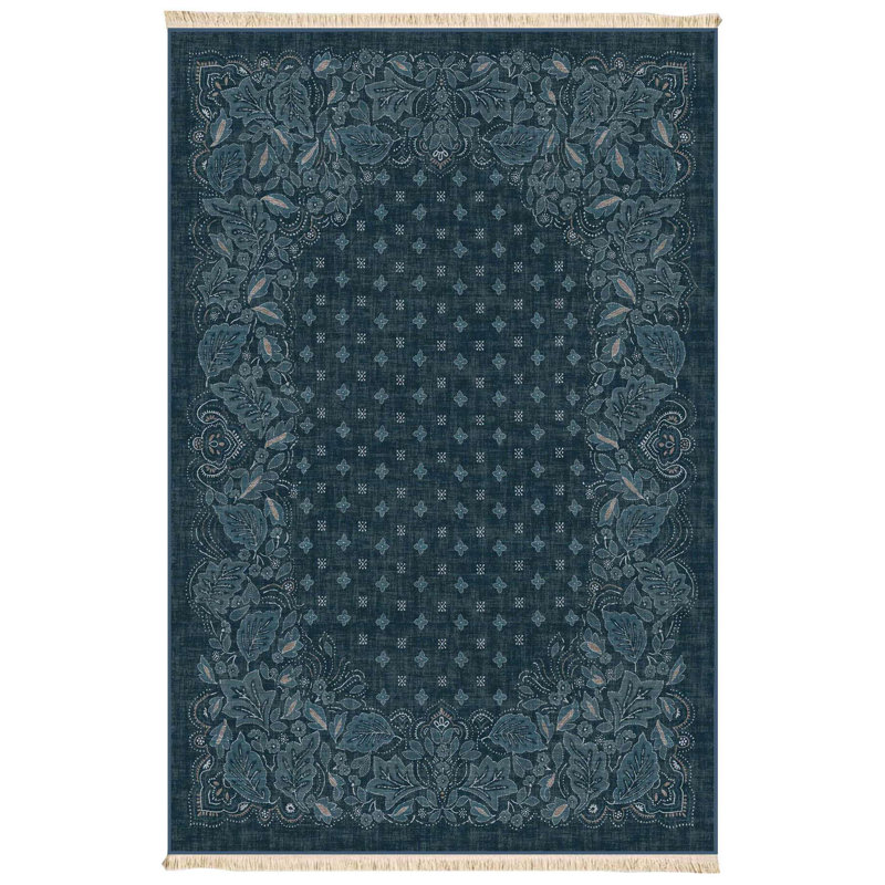 Mystic Midnight Indigo Floral Border Area Rug