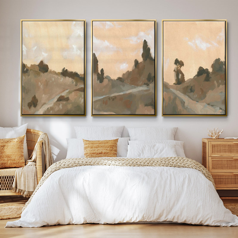 Hillside Walking Path IV, ensemble de 3 toiles encadrées sur toile, Encadrement doré, H 27 po x l 54 po