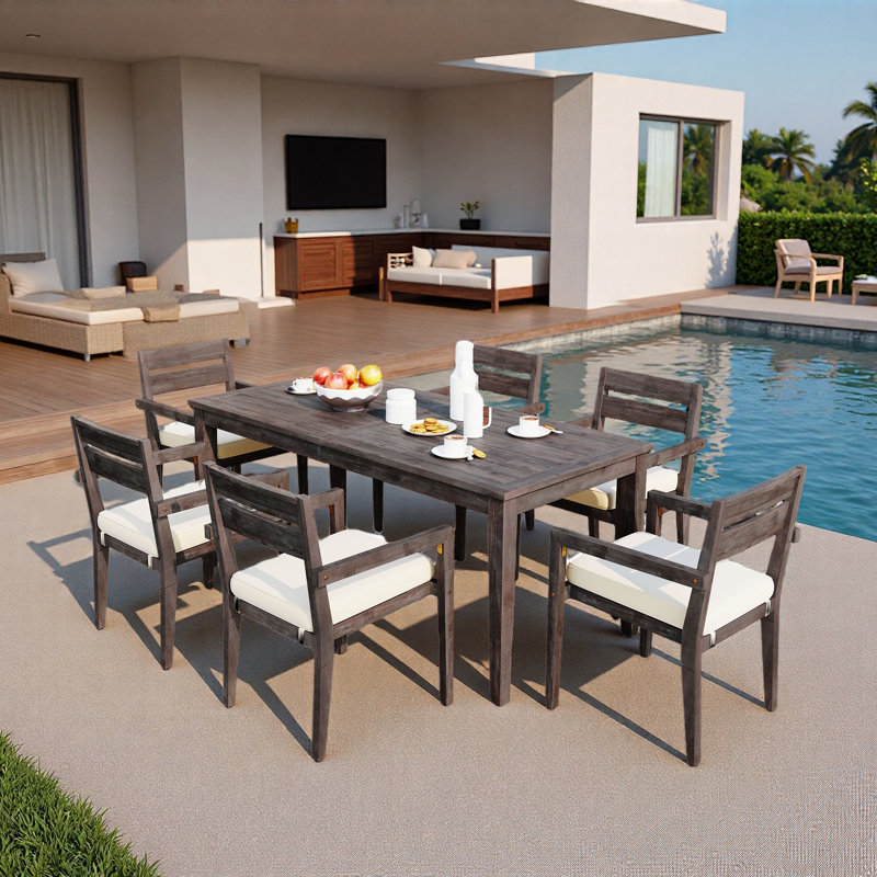 7 Pieces Outdoor Dining Set Included 1 Large Table And 6 Stackable Chairs  With Cushions And Waterproof Feature, Gray