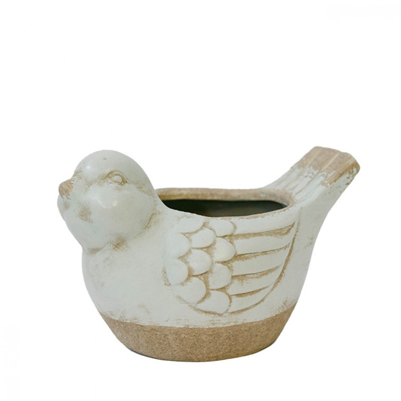 Pot à fleurs rustique vert clair et beige en forme d'oiseau