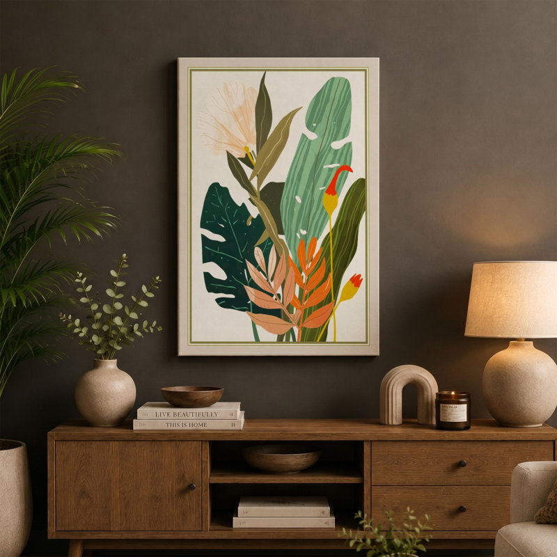 Tropical Bloom Study Botanical - Wrapped Canvas, 24x16 - 61.0 x 40.6 cm, Teal Border