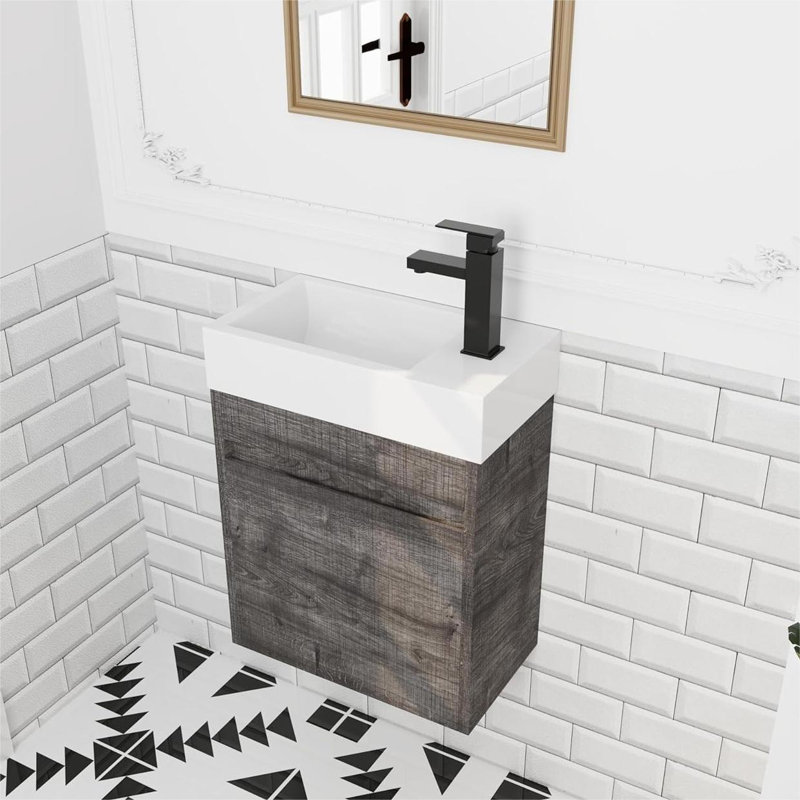 Petit meuble-lavabo simple 18 po avec plateau en résine Cydnei, Chêne gris