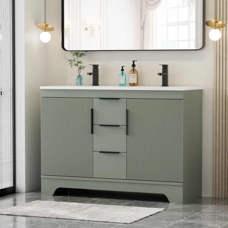Ensemble de meuble-lavabo double 48 po avec lavabo en résine, robinet, assemblage requis, Vert sauge