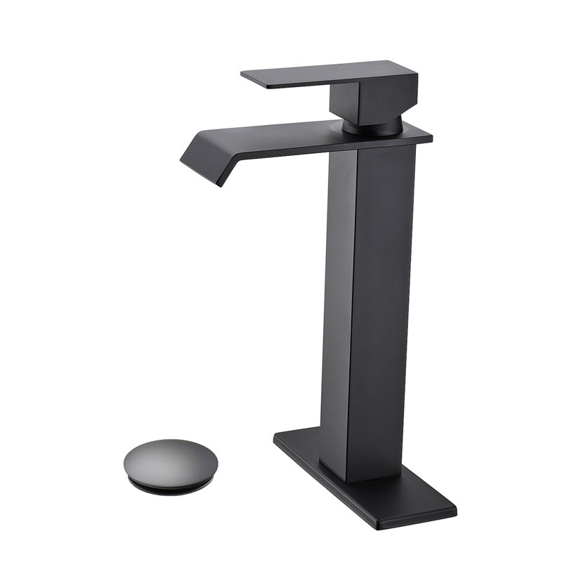 Waterfall Spout Bathroom Sink Single Handle Faucet With Pop-Up Drain (No Overflow), Matte Black