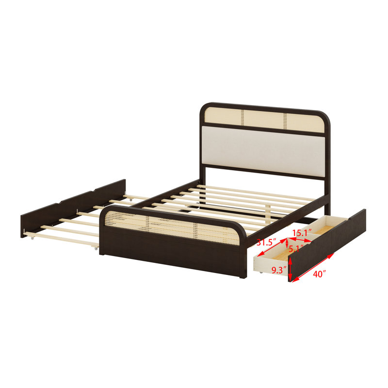 Lit plateforme en bois avec lit gigogne et 2 tiroirs, Espresso