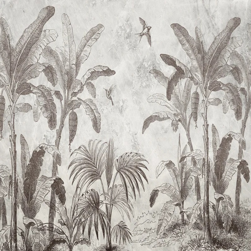 Murale rétro avec bananeraie et oiseaux tropicaux, L 108 po x l 96 po