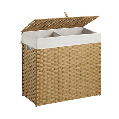 Wicker Laundry Hamper with Lid ,34 Gal(130 L) Rattan Laundry Basket 2 Sections with Lid, Removable Machine Washable Line, Large Clothes Hamper with Handles  for Bathroom Bedroom, Yellow