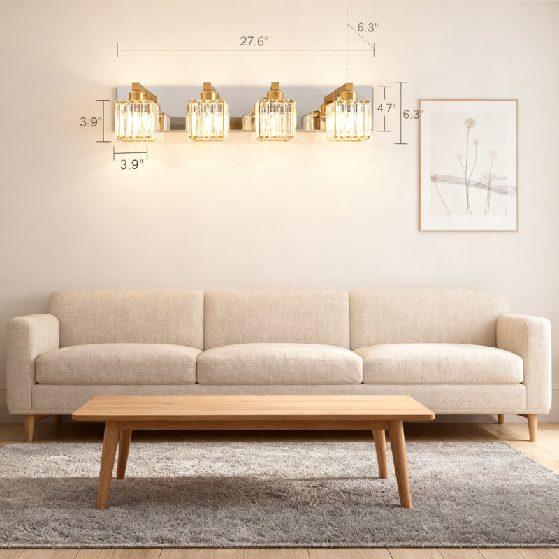 Luminaire de meuble-lavabo moderne à 4 lumières avec abat-jour en cristal, applique murale chromée dorée à intensité variable pour miroir de salle de bain et chambre à coucher