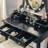 Wood Makeup Vanity Set with Oval Mirror, LED Lights, 5 Drawers & Comfortable Stool, Vanity Desk and Study Table for Girls & Women, Black-1825627838