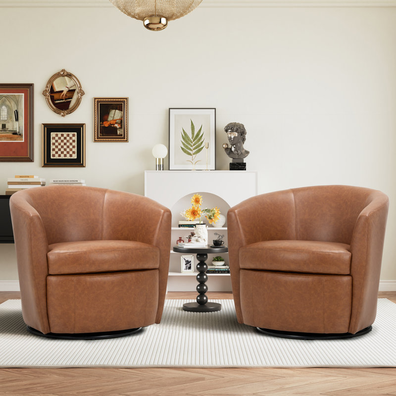 Leather Upholstered Swivel Barrel Chair—No Assembly Required, Brown Faux Leather