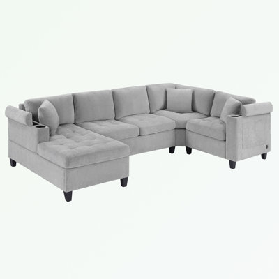 U-shaped Sectional Sofa with Built-in Cup Holders, Storage Space and USB Ports