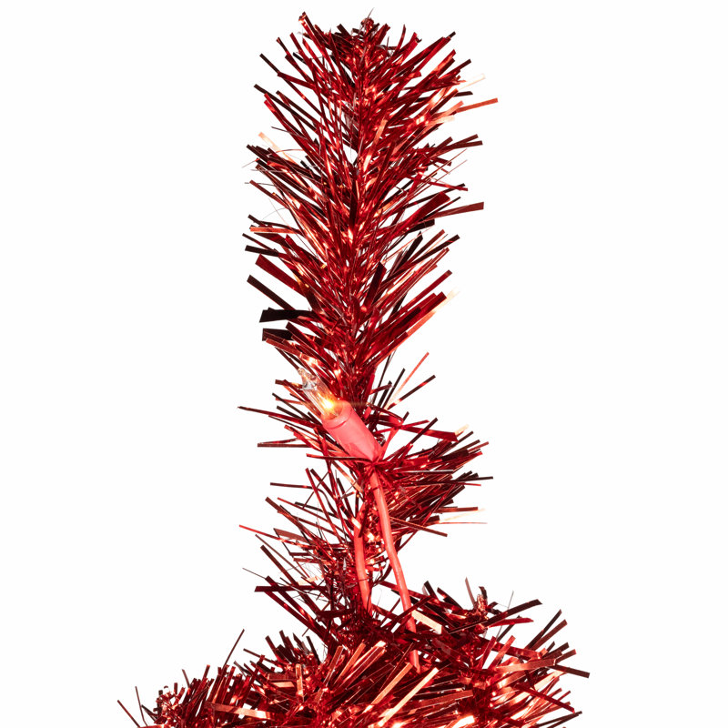 Artificial Tinsel Christmas Tree - 3' - Red - Clear Lights, Pre-Lit