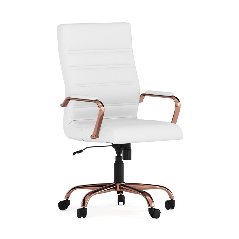 Chaise de bureau ergonomique pivotante à haut dossier - Basics by Wayfair ™, Or rose, Simili cuir blanc