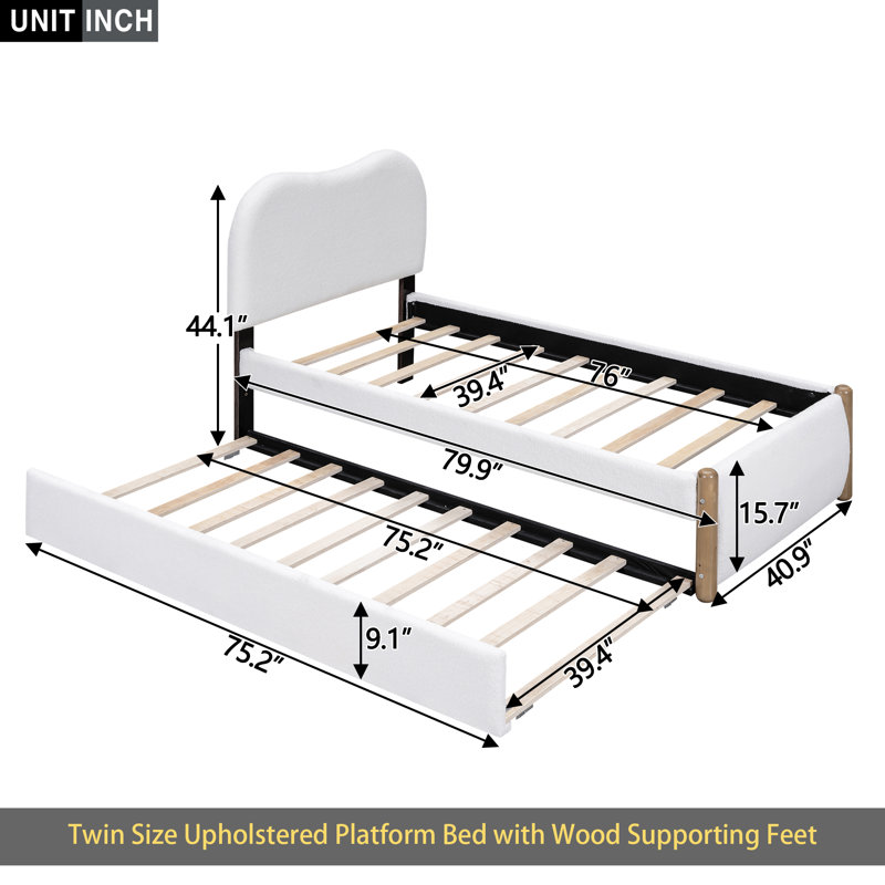 Lit plateforme tapissier avec pieds de support en bois et lit gigogne simple, Simple, Blanc