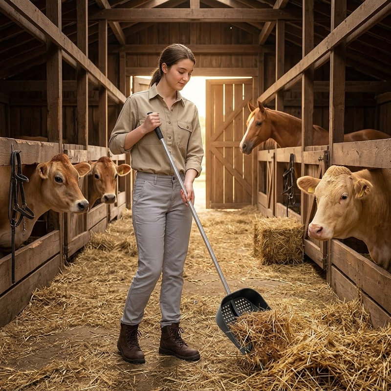 Cuillère à rôtir robuste et légère 2-en-1, poignée réglable 38-66 po, capacité de tamisage du fumier, pour les poulaillers et le nettoyage des animaux de ferme, noir