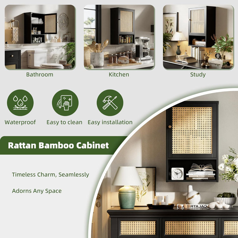Qeetex Bathroom Wall Cabinet, Bamboo Over-The-Toilet Storage Organizer with Rattan Doors and Adjustable Shelf, Space Saver Medicine Cabinet for Laundry, Kitchen, Living Room Black