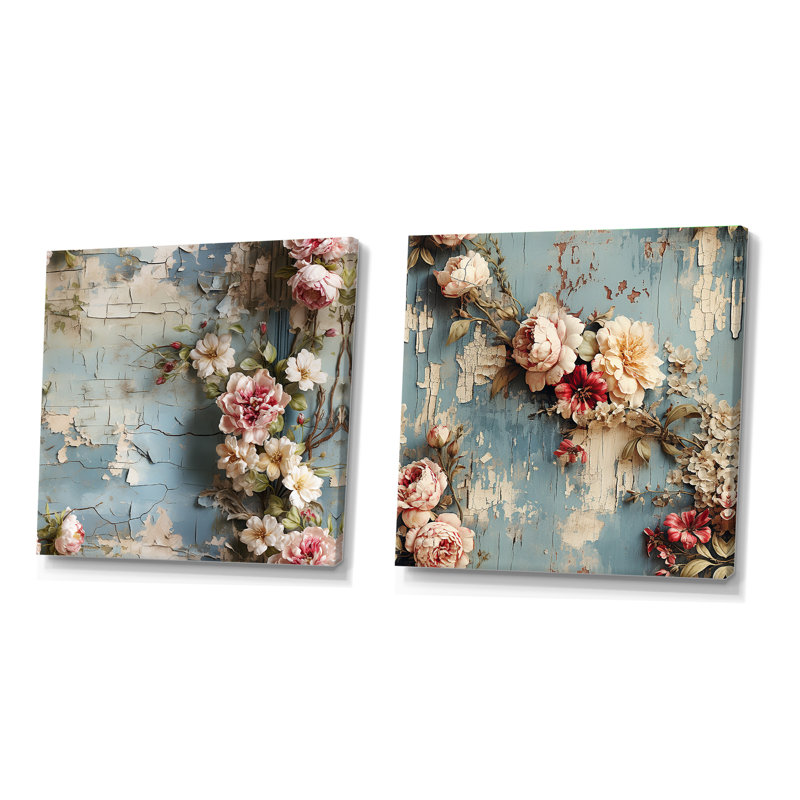 Ensemble de 2 pivoines roses et roses, H 16 po x l 33 po, Toile tendue