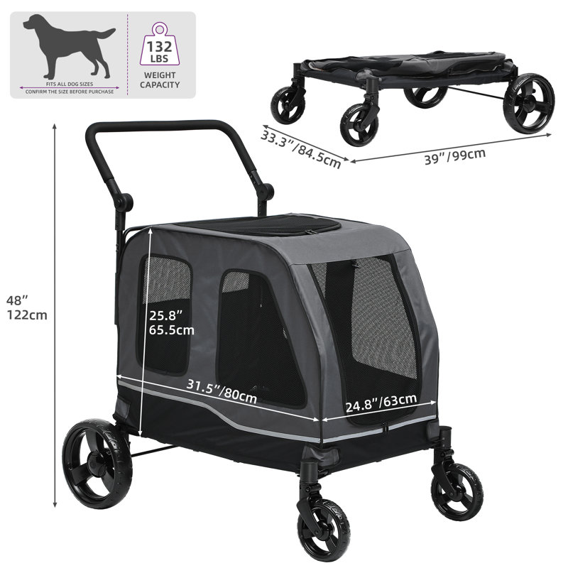 Foldable 39"D Large Pet Stroller with Brake, Gray