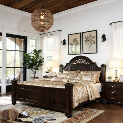 Floral Panel Bed with Carved Headboard and Solid Wood Frame