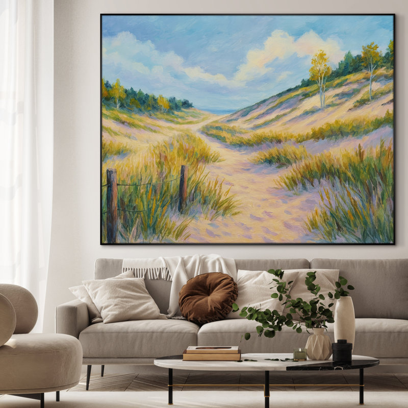 Très grande reproduction d'art sur toile - Tranquil Dune Path Peaceful Beach Grass, décoration d'art pour le salon ou la chambre à coucher - «Assemblage requis du cadre (cadre non fini)»
