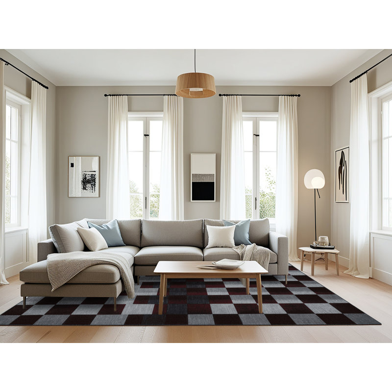 Tapis brun à carreaux lavable à la machine, Rectangle 8 pi x 10 pi