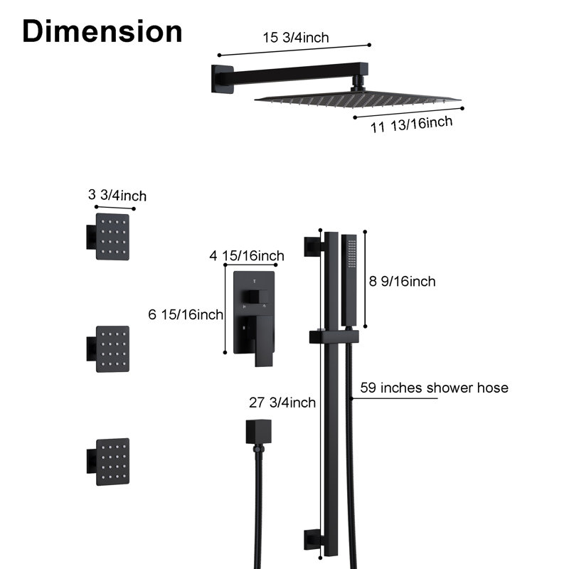 3-Function Shower System With 12" Ultra-Thin Square Shower Head,Body Jets And Hand Shower (Valve Included), Matte Black