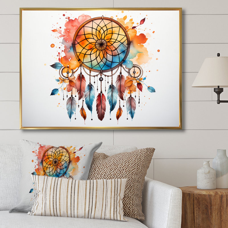 Capteur de rêves colorés, harmonie minimaliste sur toile, Cadre flottant doré, H 24 po x l 32 po x P 1 po