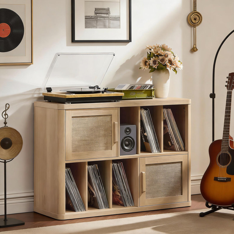 Grand support de tourne-disque Boho avec rangement en vinyle rotin pour 450 albums, meuble média, Chêne naturel