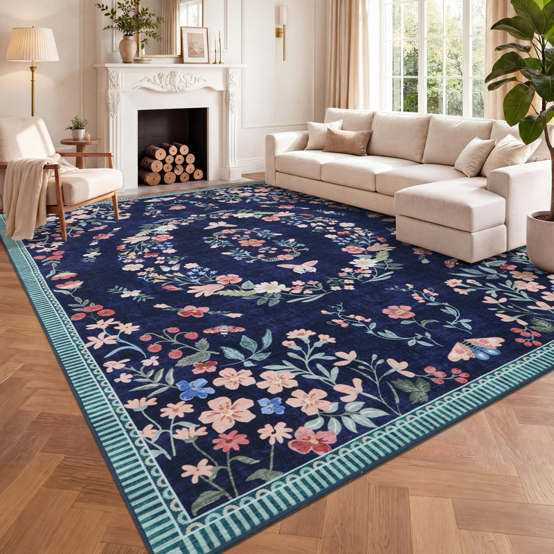 8x10 Large Vintage Garden Area Rug, Non-Slip Washable Low-Pile Floral Print Stain Resistant Foldable Carpet for Dining Room Playroom Office