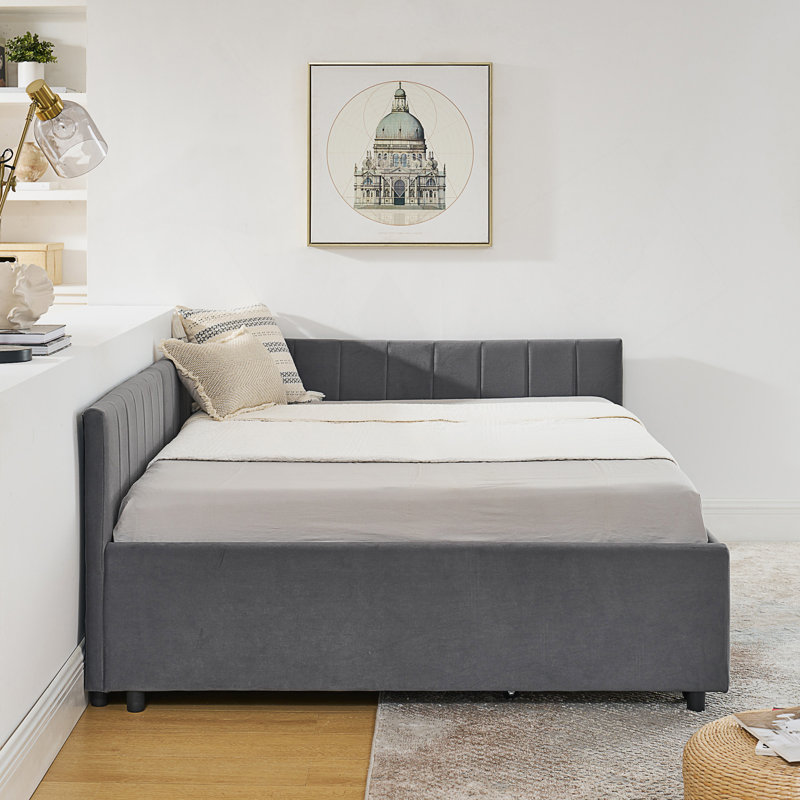 Full Size Upholstered Tufted Bed Frame With Two Drawers, Sofa Bed Frame With Comfortable Backrest And Armrests, Gray