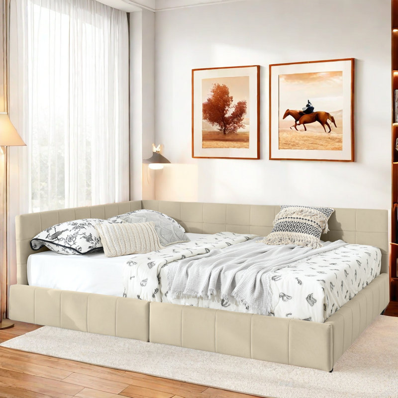 Lit tapissier avec 2 tiroirs Torres, Beige